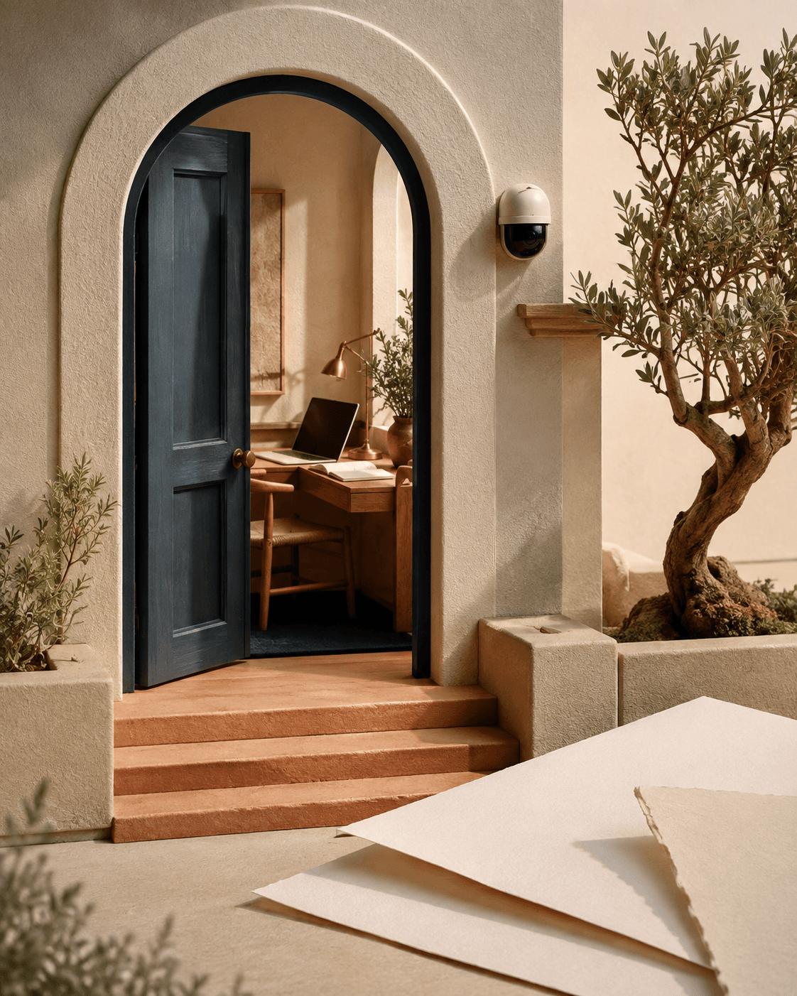 Architectural illustration of a welcoming doorway, workspace, and home security camera
